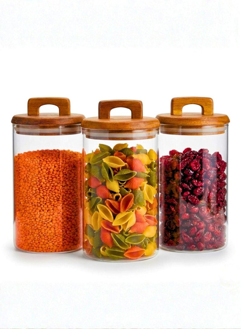 1Chase Borosilicate Glass Food Storage Jar With Acacia Wood Air Tight Lid, Handmade Glass Canister For Kitchen Pantry Organizer, For Storing Pasta, Nuts, Coffee, Snacks, Set Of 3 (1000 ML) - Image 1